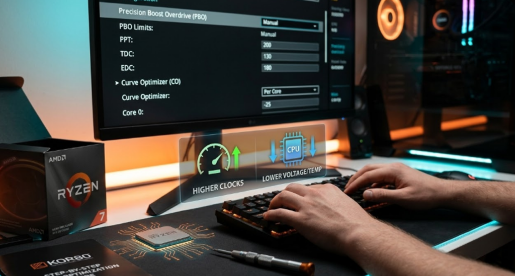 키보드를 조작하며 모니터 화면의 AMD Ryzen PBO 및 Curve Optimizer 매뉴얼 설정값