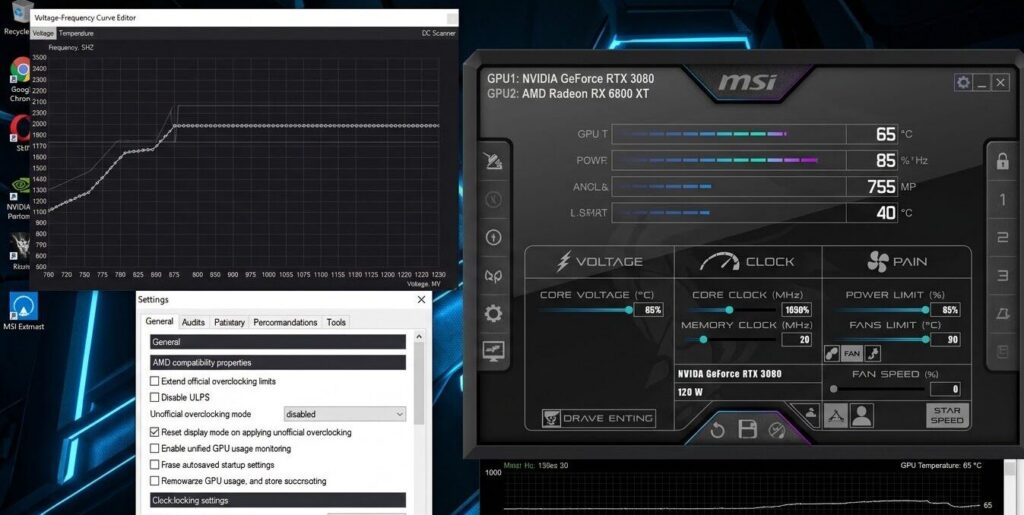 MSI 애프터버너 소프트웨어를 실행하여 그래픽카드의 전압과 주파수 곡선을 편집하는 화면입니다. 또는 그래픽카드 성능 최적화 대시보드와 온도, 전력 수치