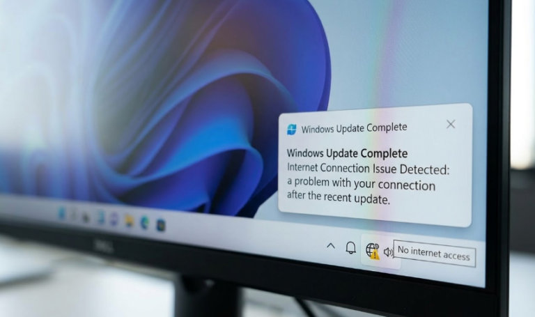 윈도우 11 작업 표시줄에서 인터넷 연결 아이콘에 느낌표가 표시된 화면