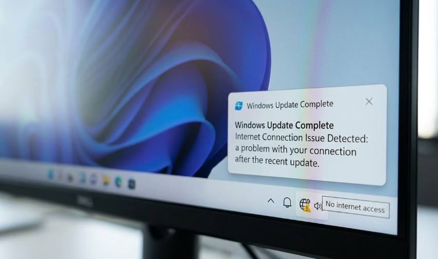 윈도우 11 작업 표시줄에서 인터넷 연결 아이콘에 느낌표가 표시된 화면